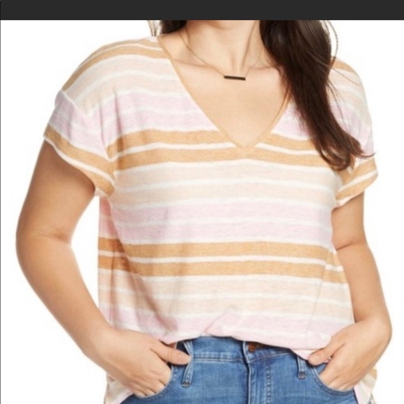Madewell skyline stripe v-neck tee tan/pink size XS - Picture 1 of 5